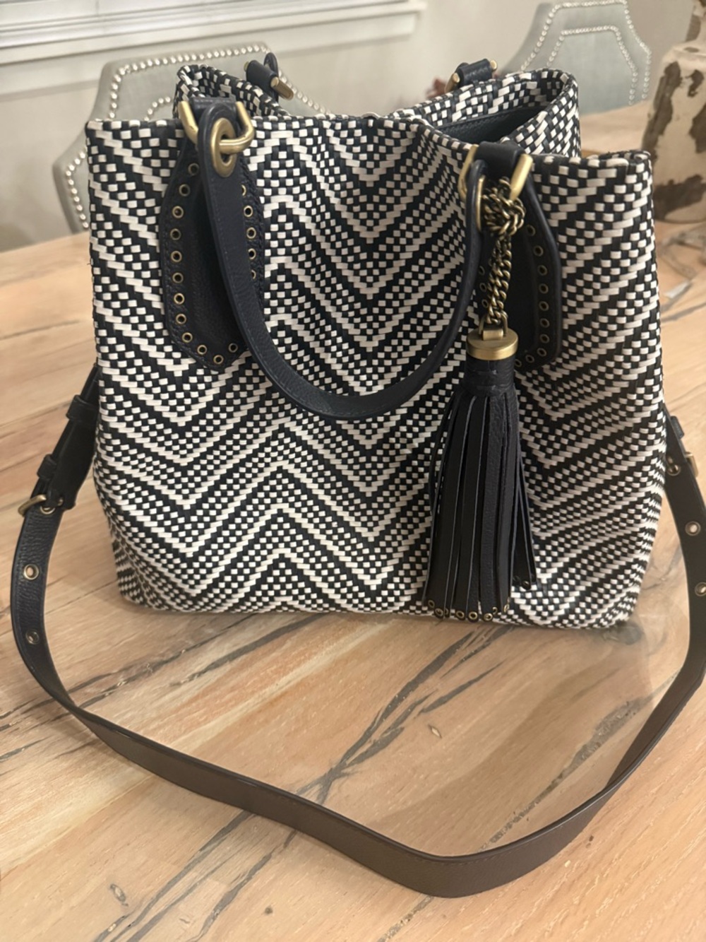 Michael Kors Navy & White Chevron Large Brooklyn Satchel with Tassel